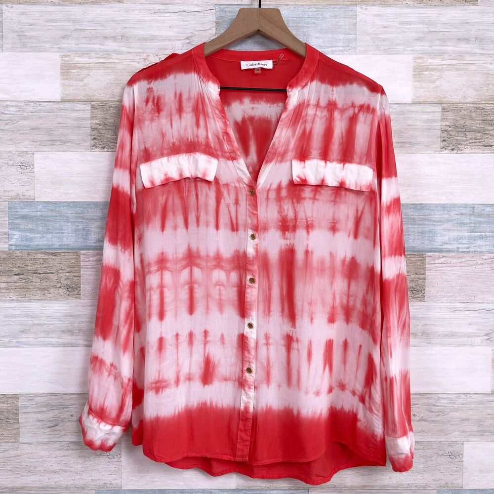 Calvin Klein Shibori Utility Shirt Orange White Tie Dye Button Down Womens XS